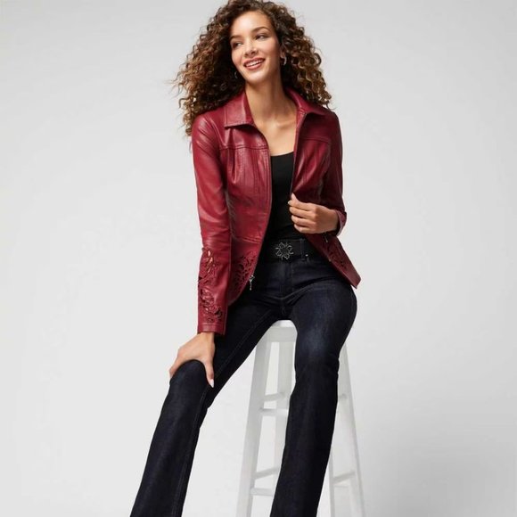 WHBM NWT Cutwork Coated Denim Flirty Jacket Dark Red LEATHER LOOK - Picture 8 of 12